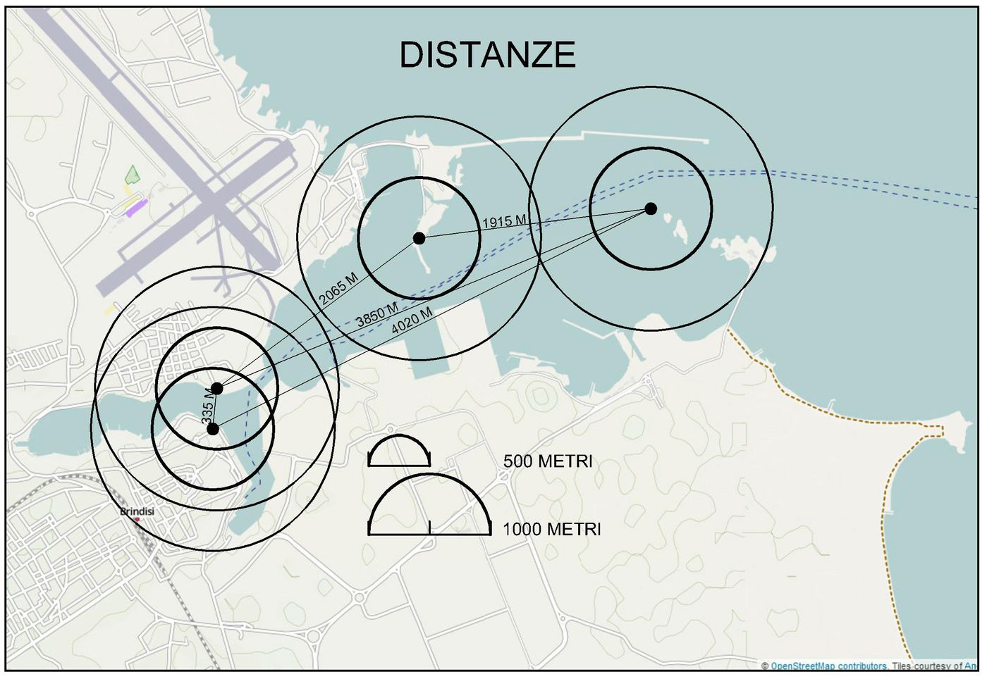 The harbour of Brindisi and its landmarks: the Roman Columns, the Monument, the Forte a Mare on Sant'Andrea island, the Pedagne beacon, with their distances.