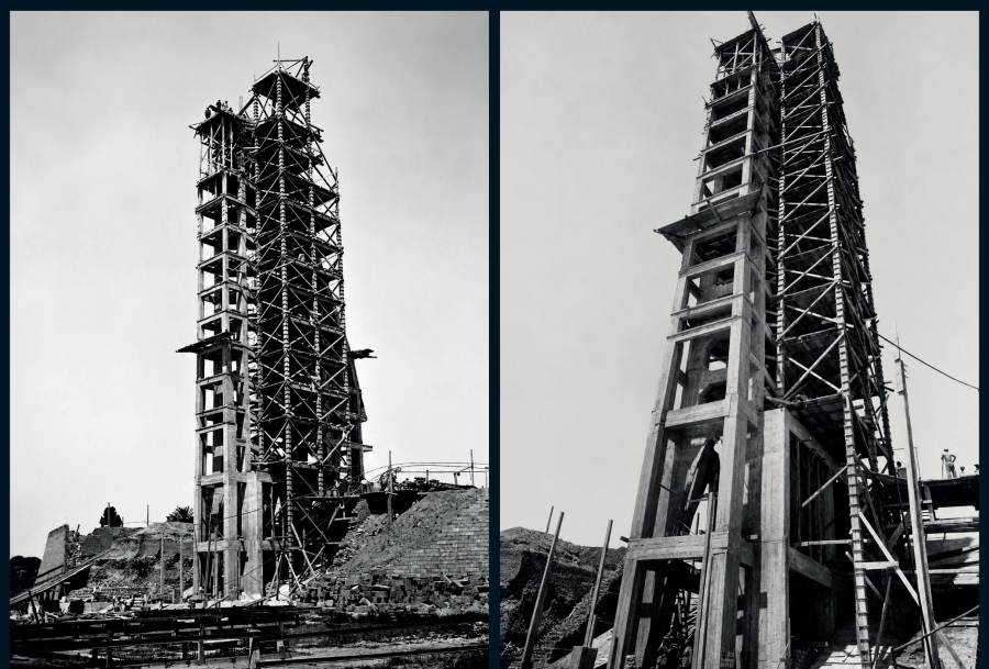 Der aufsteigende Turm zwischen Schalungen und Gerüsten.